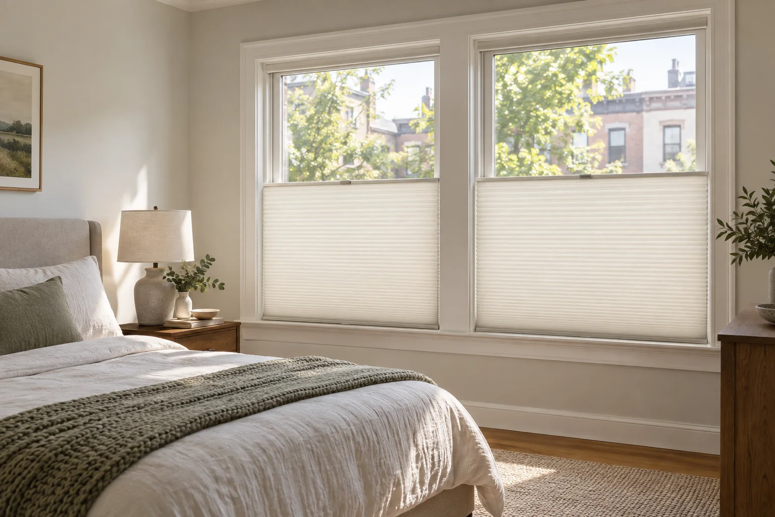 Top-down cellular shades preserving daylight and lower-window privacy