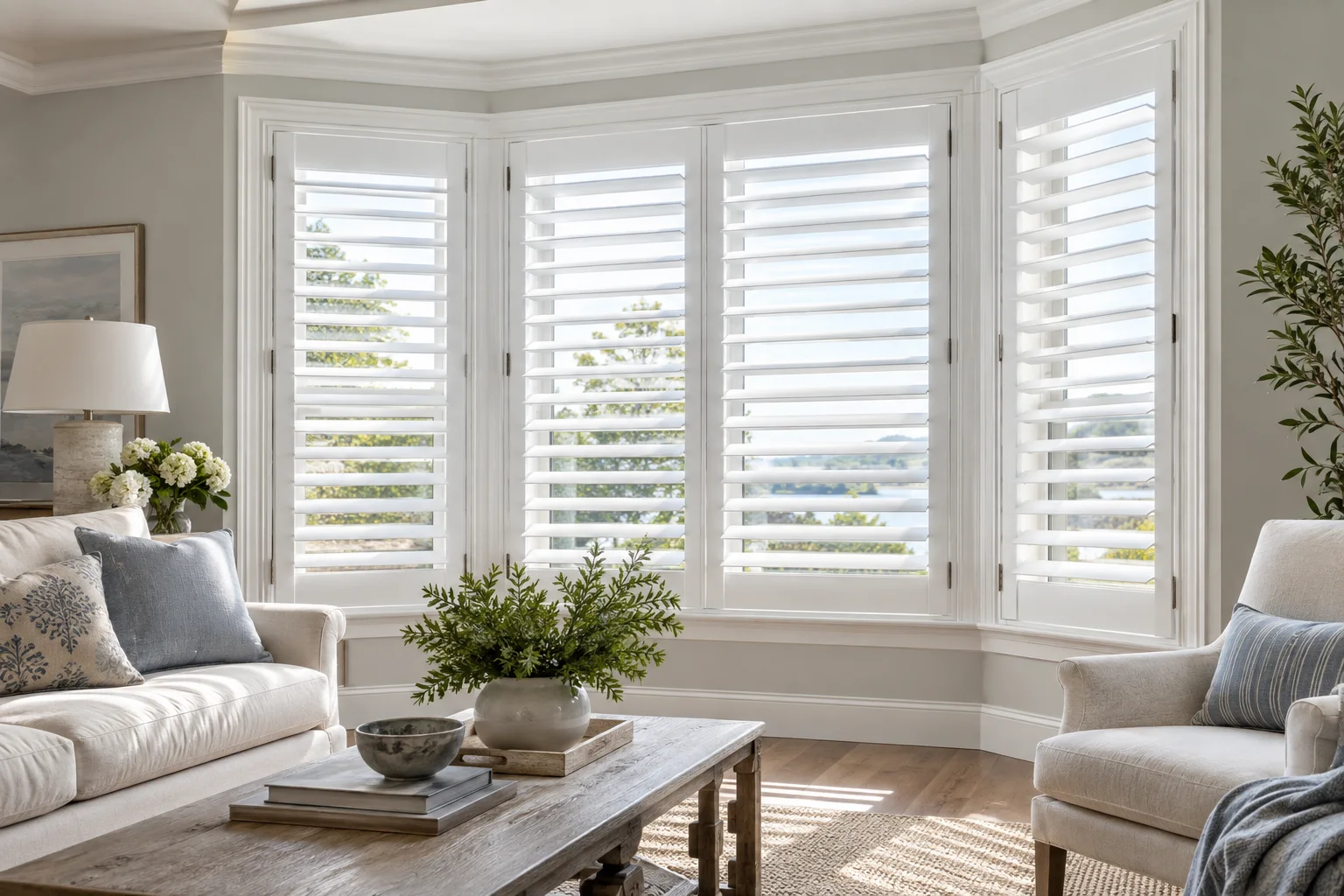 White plantation shutters fitted to a bright bay window