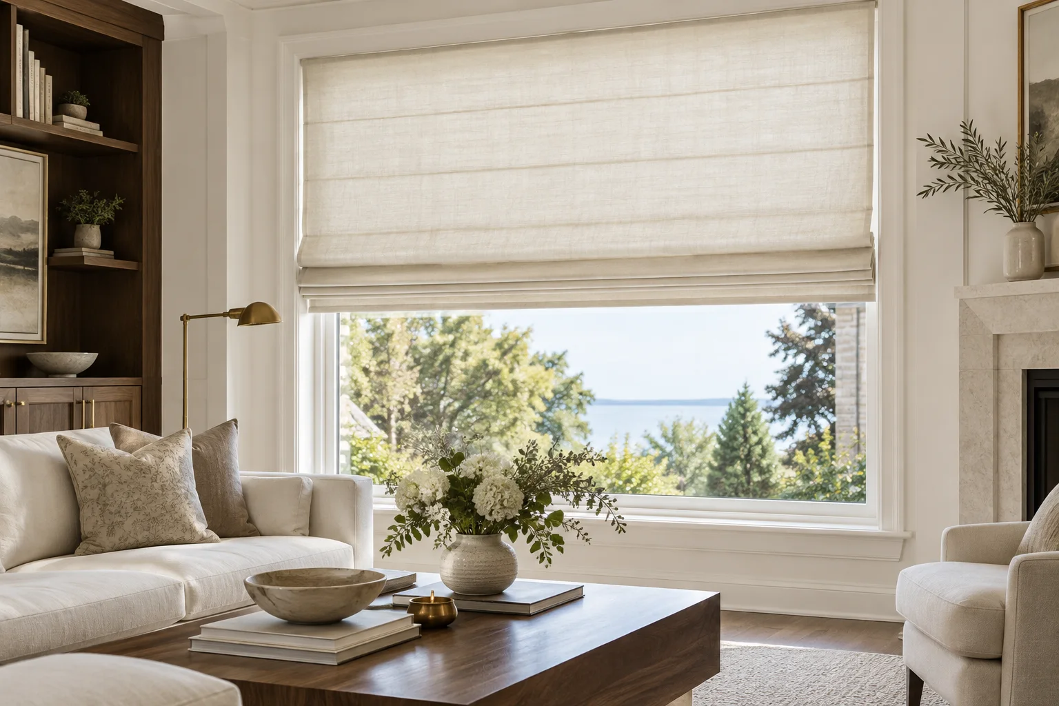 Tailored ivory Roman shade with soft folds in a warm living room
