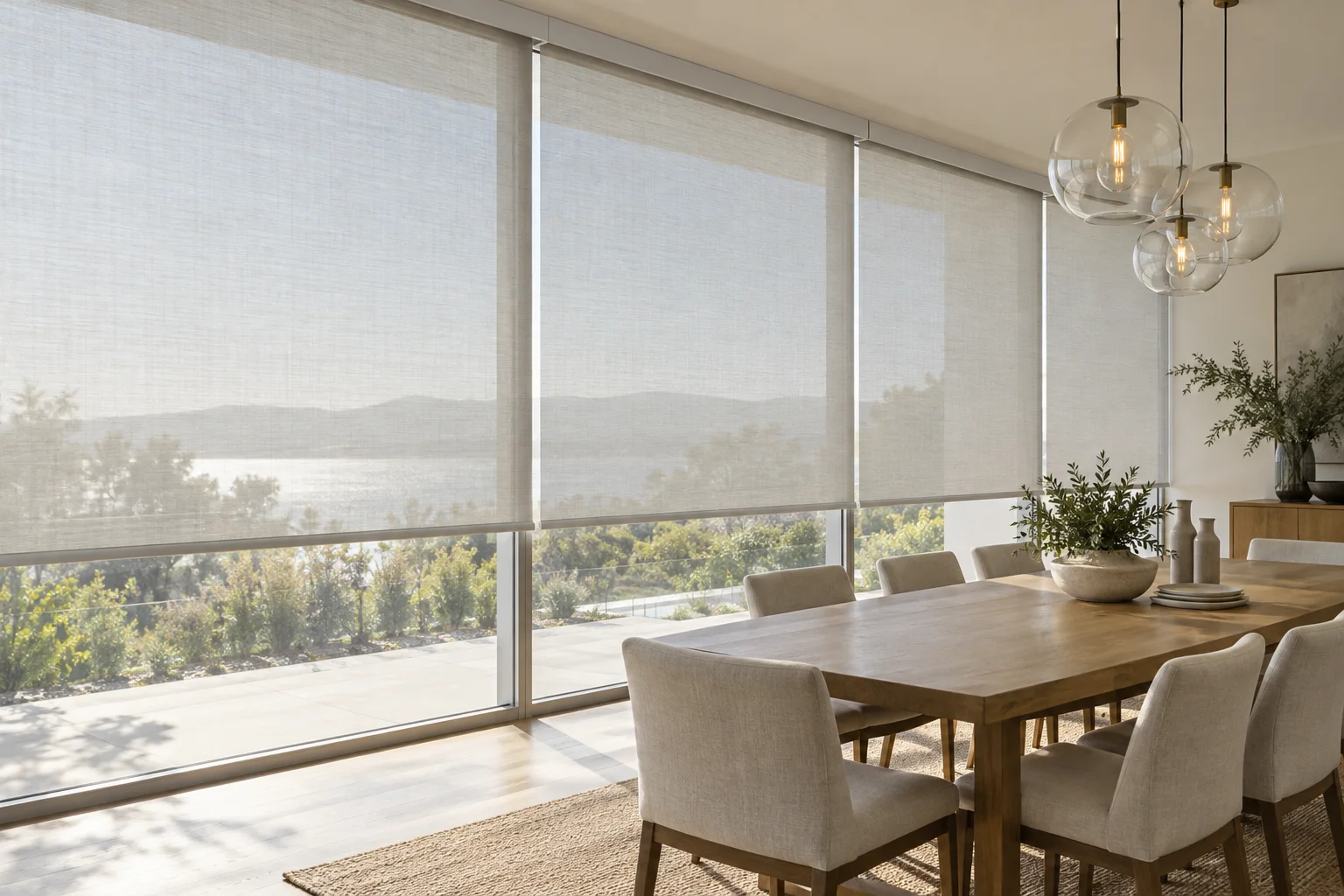 Soft solar shade reducing glare in a modern dining space