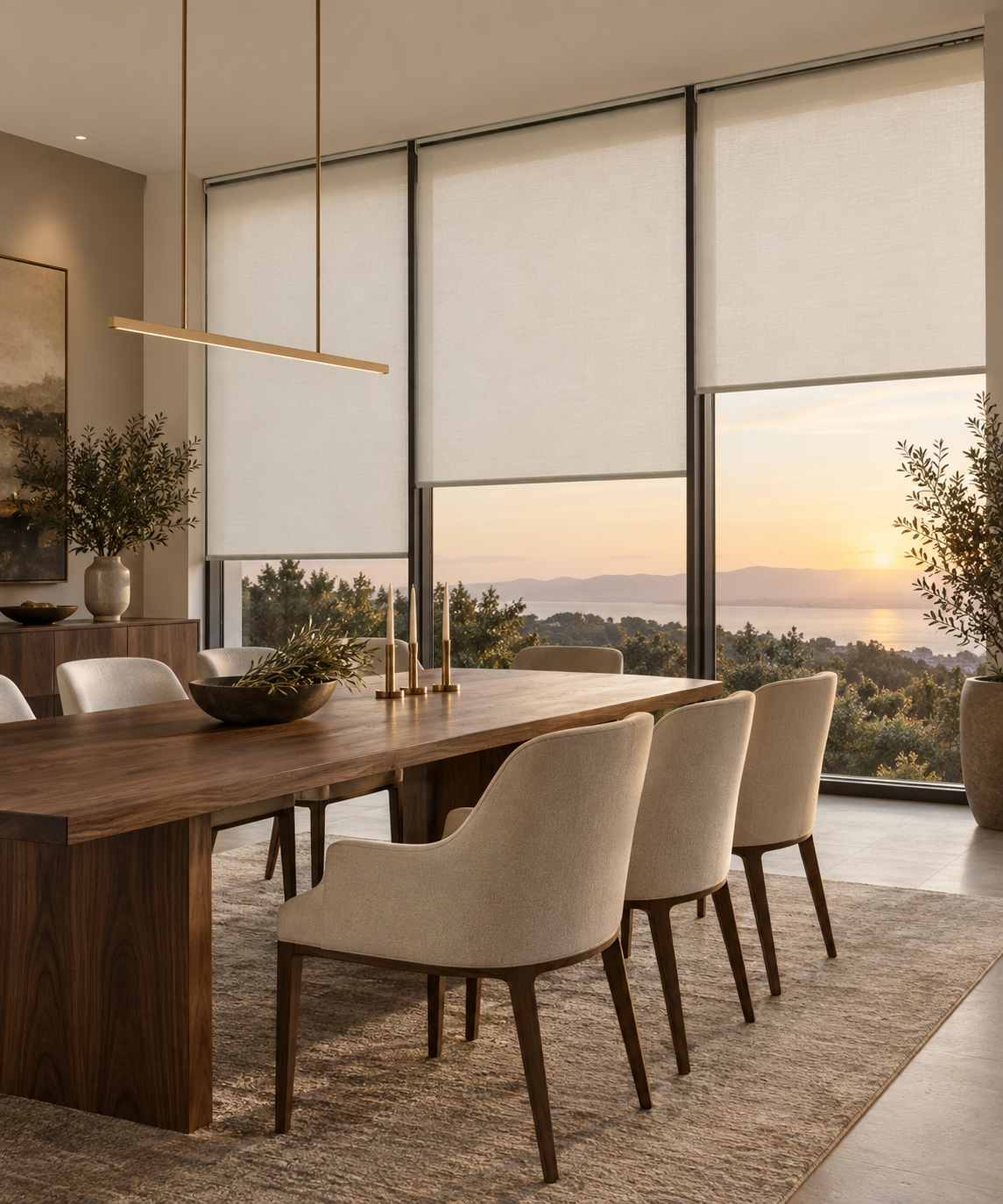 Motorized shades for tall glazing in a dining room
