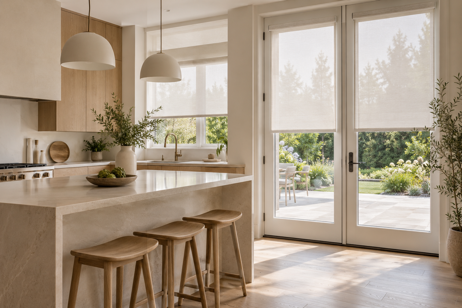 Solar rollers across garden doors in a kitchen
