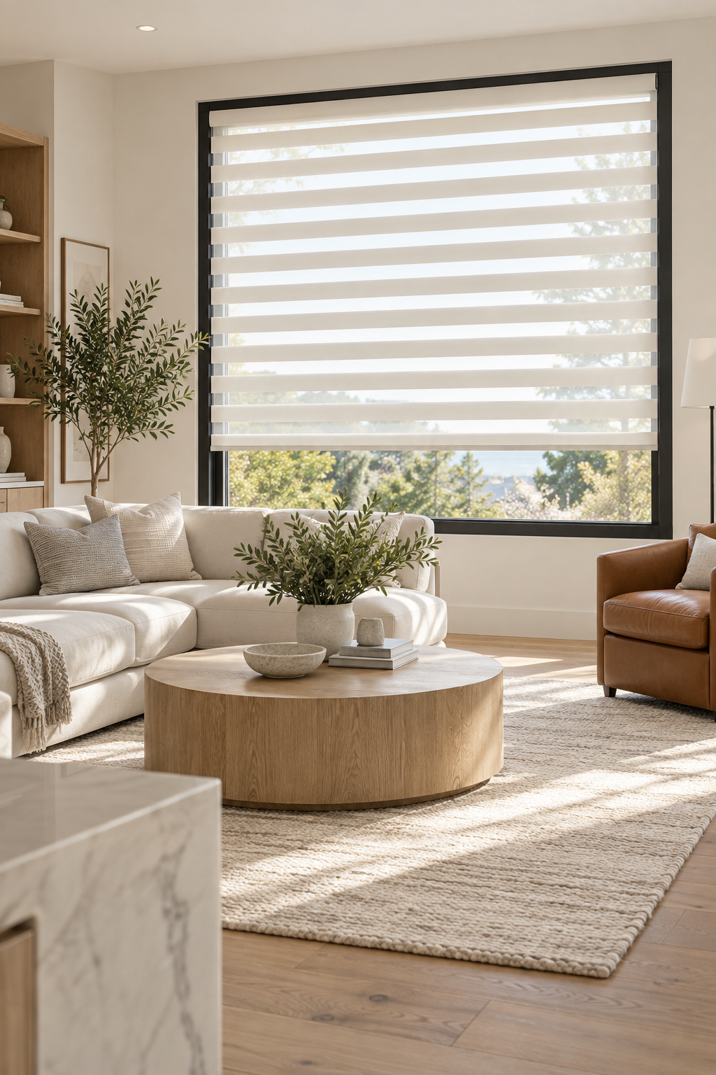 Custom blinds fitted in a bright Oakville living room